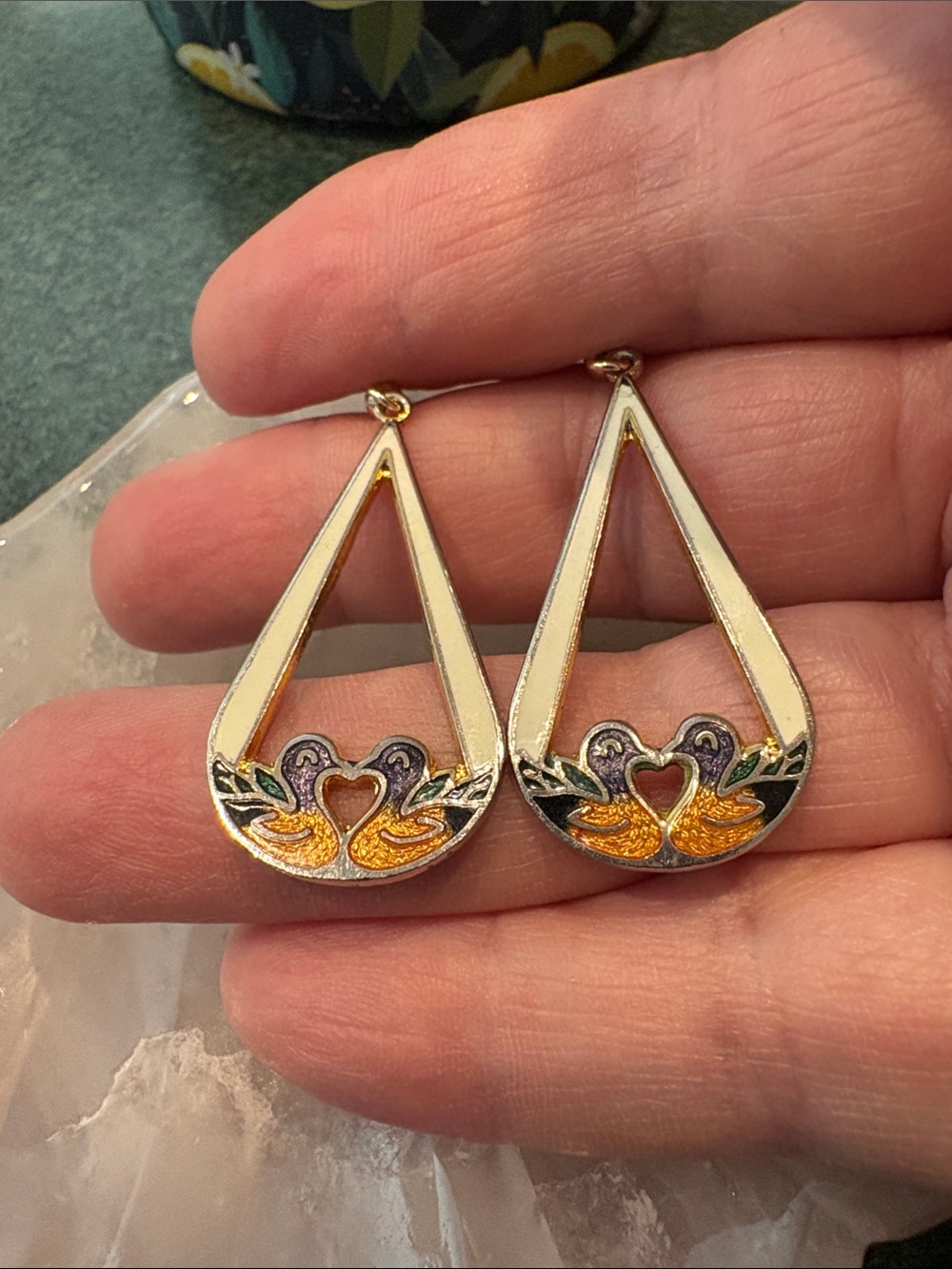 Cloisonne’ bird heart earrings